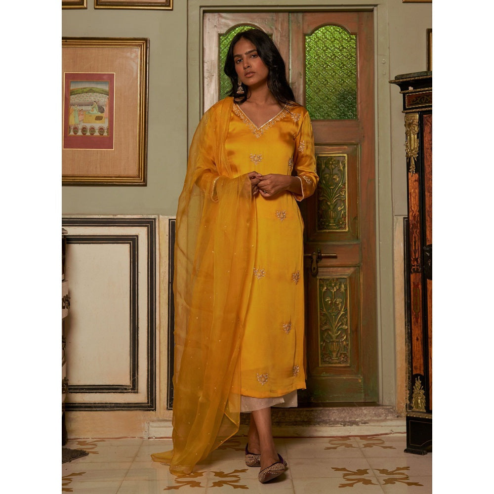 Zoon Mustard Embroidered-Sequined Kurta with Ivory Pant and Dupatta (Set of 3)