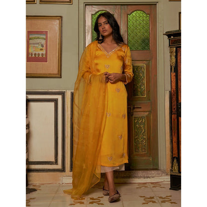 Zoon Mustard Embroidered-Sequined Kurta with Ivory Pant and Dupatta (Set of 3)