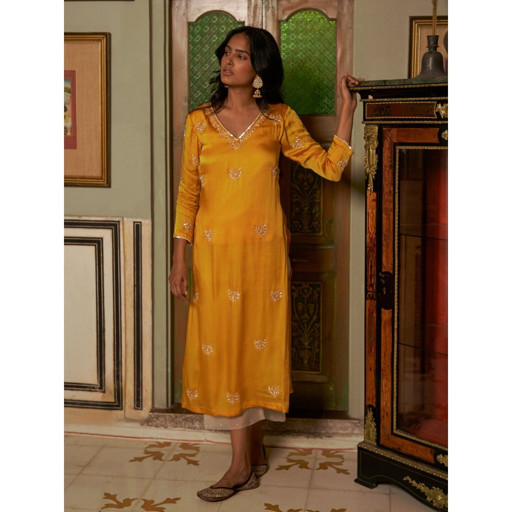 Zoon Mustard Embroidered-Sequined Kurta with Ivory Pant and Dupatta (Set of 3)