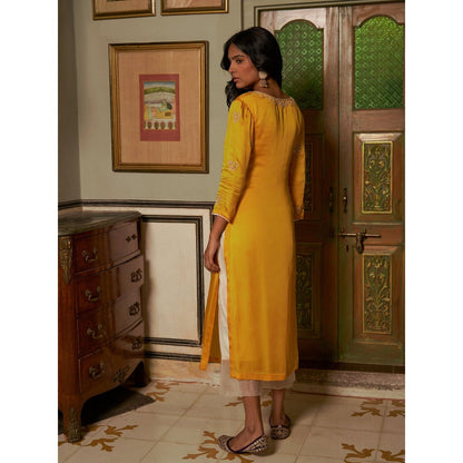 Zoon Mustard Embroidered-Sequined Kurta with Ivory Pant and Dupatta (Set of 3)