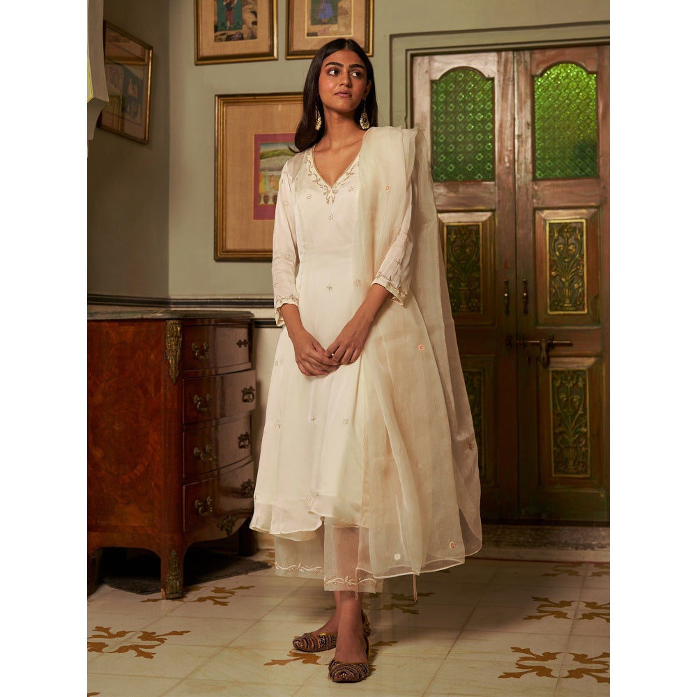 Zoon Off-White Embroidered-Sequined Anarkali Kurta in with Pant and Dupatta (Set of 3)