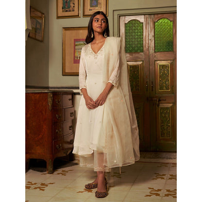 Zoon Off-White Embroidered-Sequined Anarkali Kurta in with Pant and Dupatta (Set of 3)