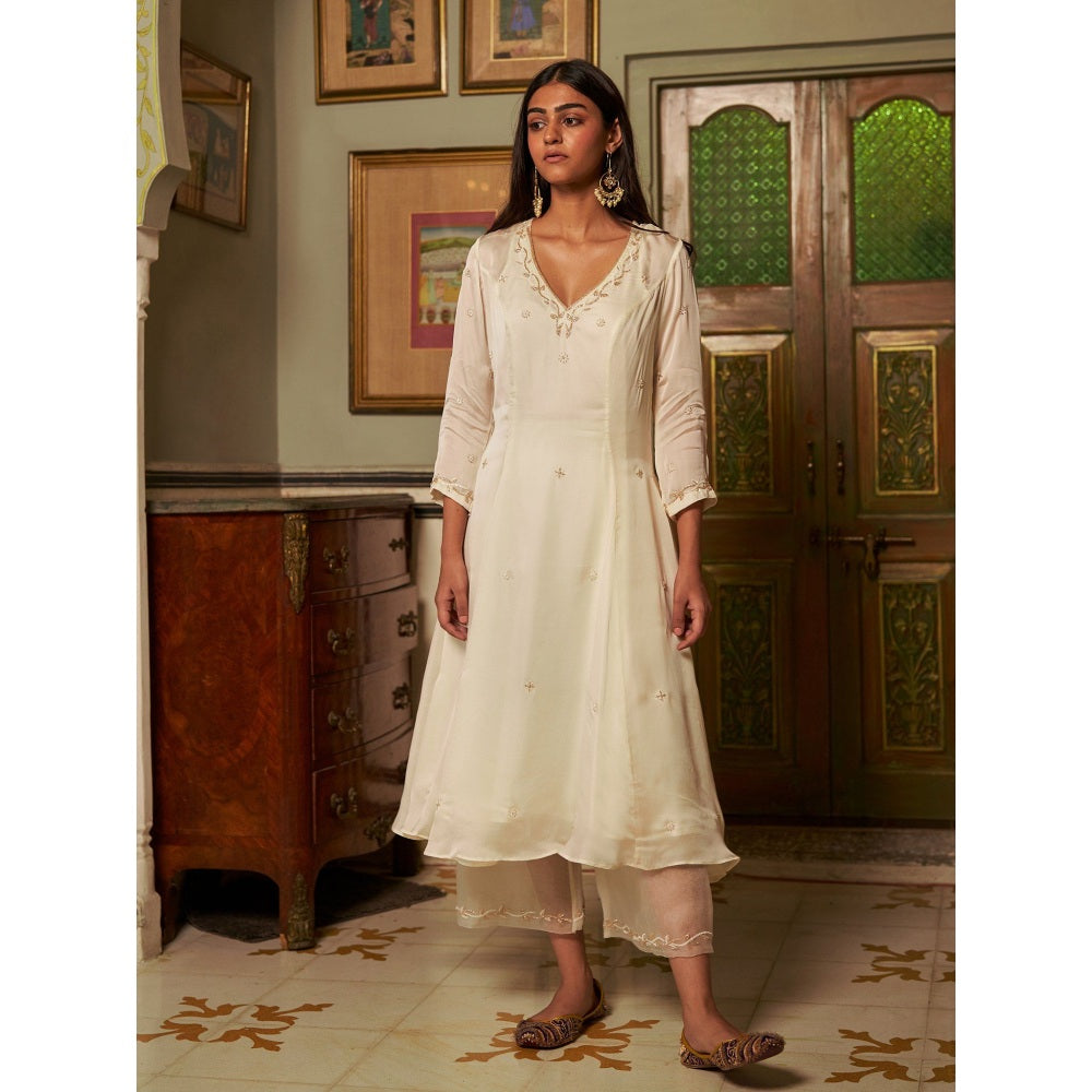 Zoon Off-White Embroidered-Sequined Anarkali Kurta in with Pant and Dupatta (Set of 3)