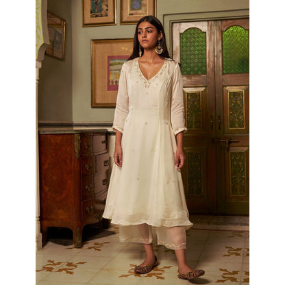 Zoon Off-White Embroidered-Sequined Anarkali Kurta in with Pant and Dupatta (Set of 3)