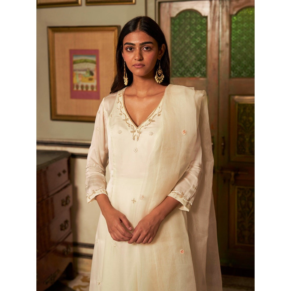 Zoon Off-White Embroidered-Sequined Anarkali Kurta in with Pant and Dupatta (Set of 3)