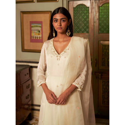 Zoon Off-White Embroidered-Sequined Anarkali Kurta in with Pant and Dupatta (Set of 3)