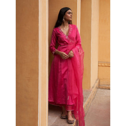 Zoon Rani Pink Sequined Angarkha Kurta with Pant and Dupatta (Set of 3)