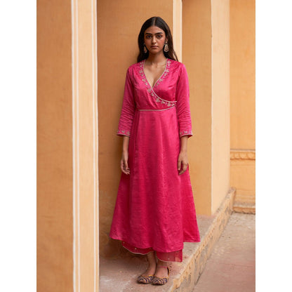 Zoon Rani Pink Sequined Angarkha Kurta with Pant and Dupatta (Set of 3)