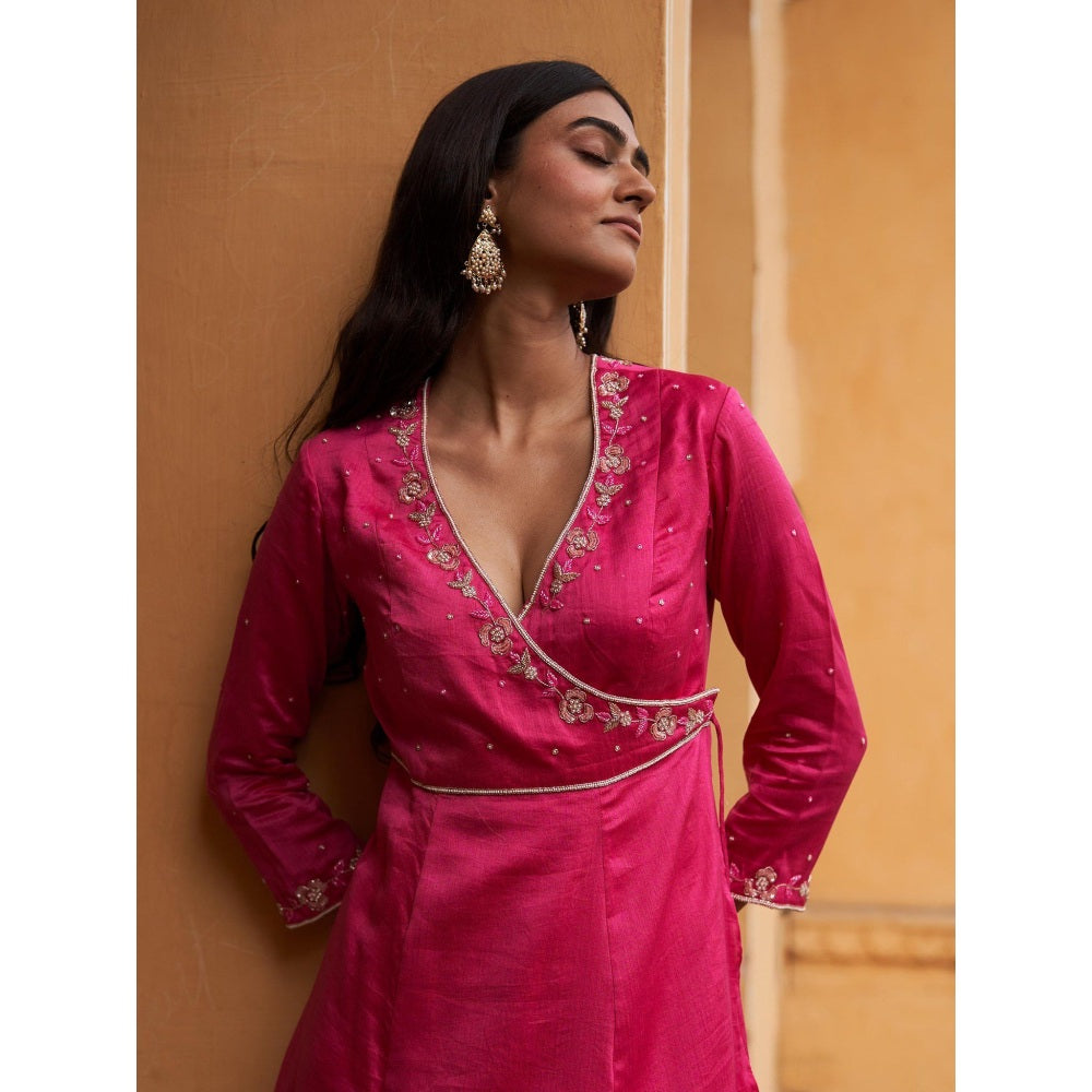 Zoon Rani Pink Sequined Angarkha Kurta with Pant and Dupatta (Set of 3)