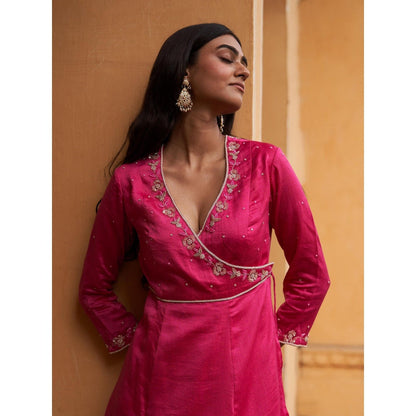 Zoon Rani Pink Sequined Angarkha Kurta with Pant and Dupatta (Set of 3)