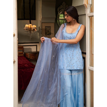 Zoon A Blue Embellished-Sequined Kurti with Sharara and Dupatta (Set of 3)