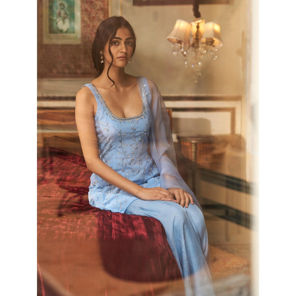 Zoon A Blue Embellished-Sequined Kurti with Sharara and Dupatta (Set of 3)