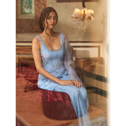 Zoon A Blue Embellished-Sequined Kurti with Sharara and Dupatta (Set of 3)