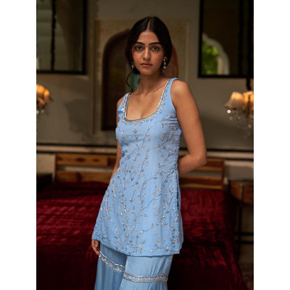 Zoon A Blue Embellished-Sequined Kurti with Sharara and Dupatta (Set of 3)