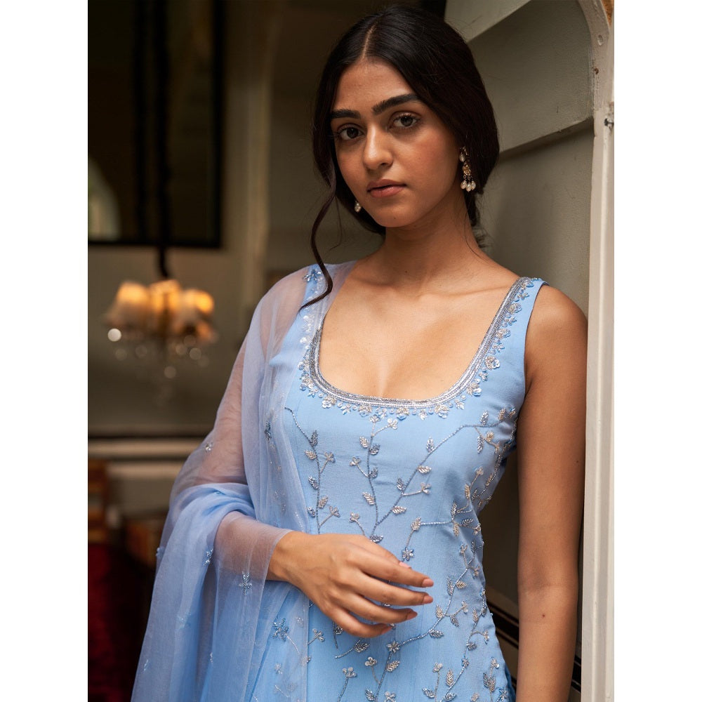 Zoon A Blue Embellished-Sequined Kurti with Sharara and Dupatta (Set of 3)