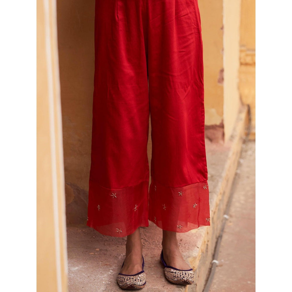 Zoon A Red Kurta in Silk Paired with Matching Silk Organza Dupatta and Pant (Set of 3)