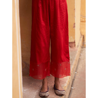 Zoon A Red Kurta in Silk Paired with Matching Silk Organza Dupatta and Pant (Set of 3)
