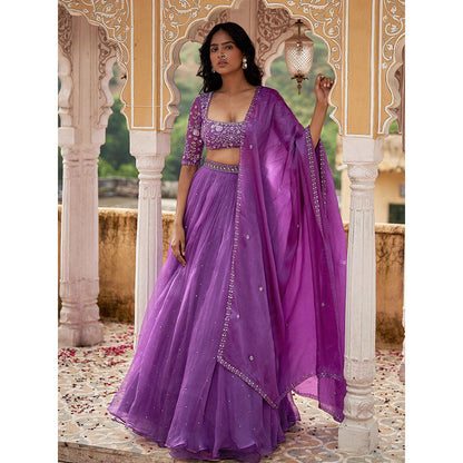 Zoon A Purple Embellished-Sequined Lehenga with Blouse and Dupatta (Set of 3)