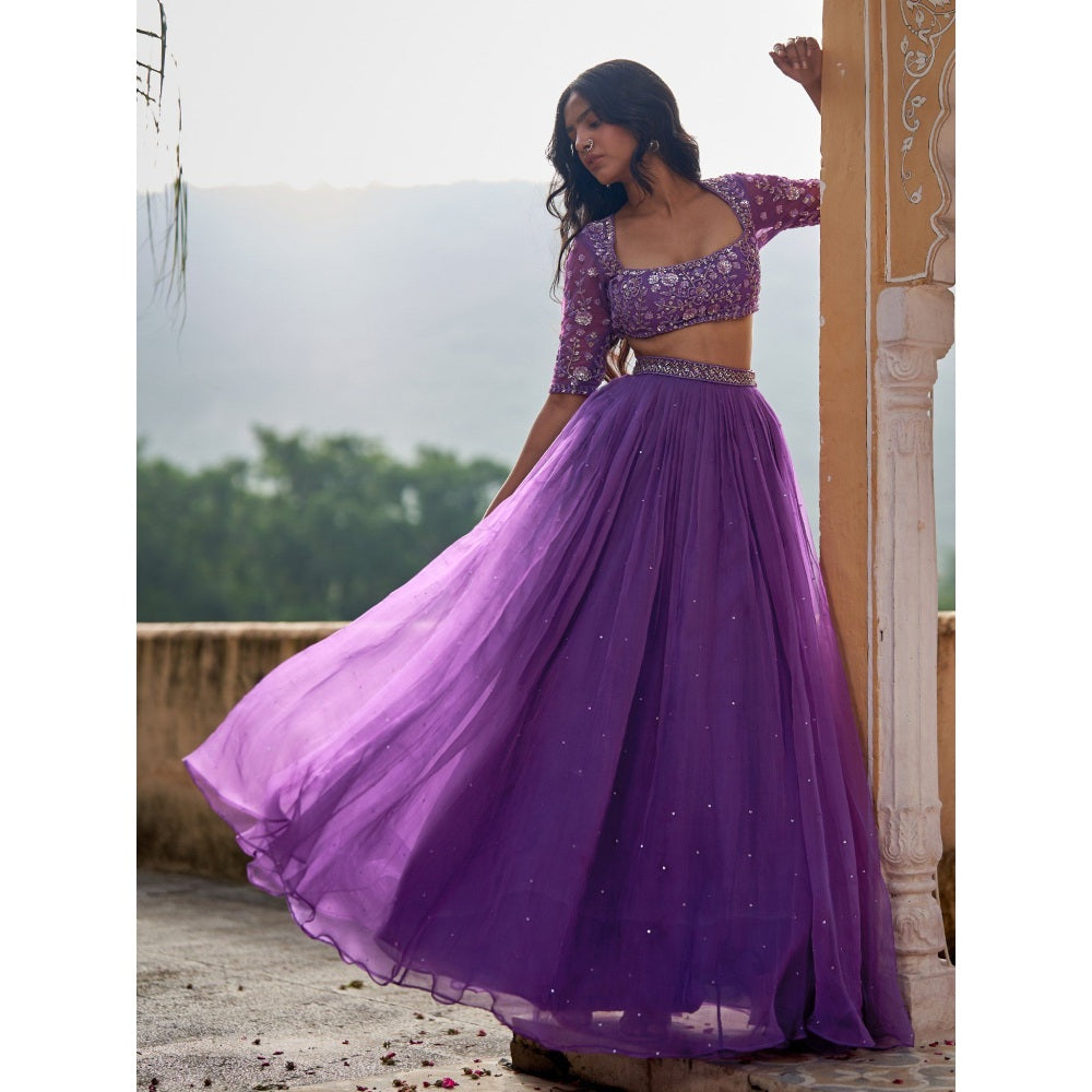 Zoon A Purple Embellished-Sequined Lehenga with Blouse and Dupatta (Set of 3)