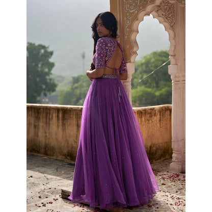 Zoon A Purple Embellished-Sequined Lehenga with Blouse and Dupatta (Set of 3)