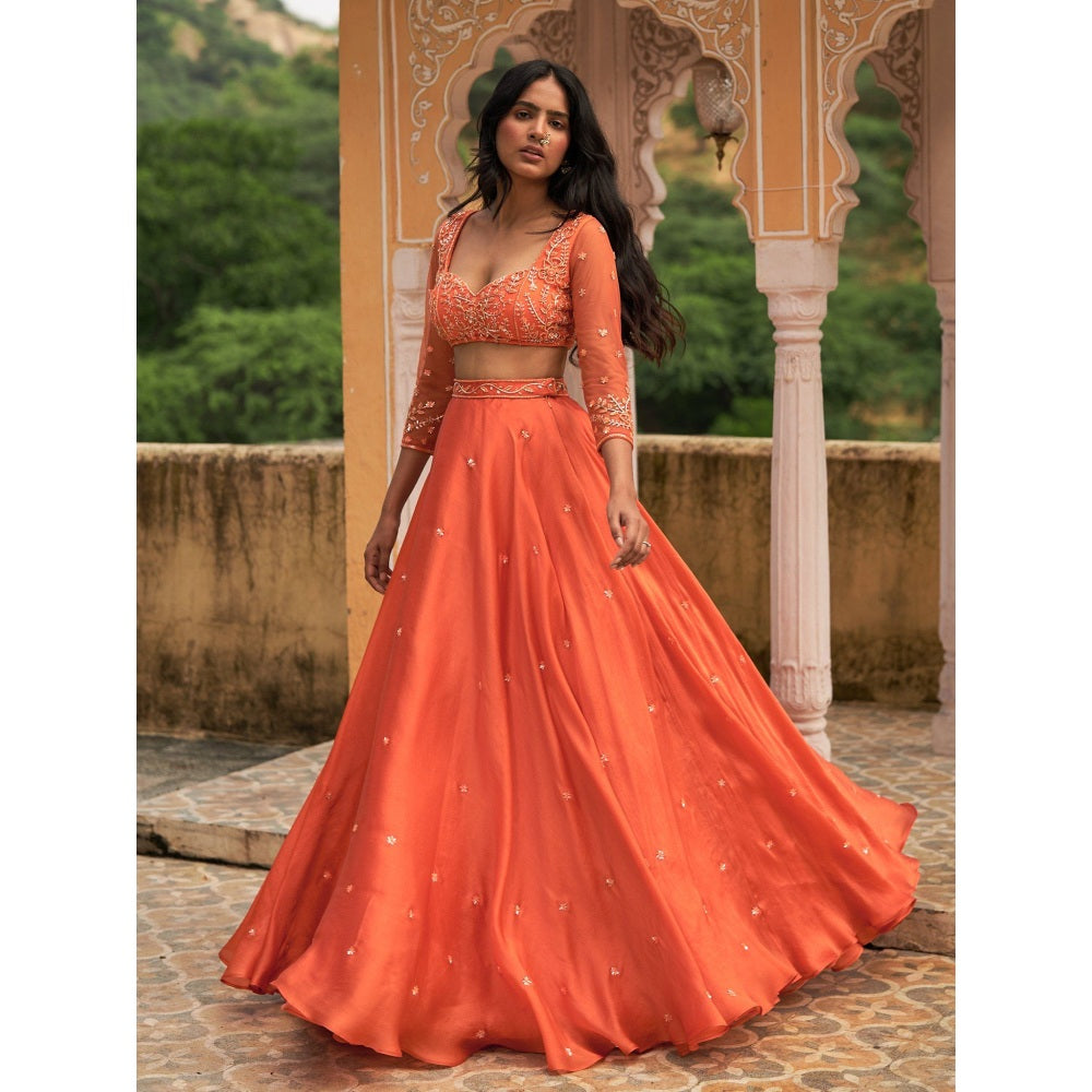 Zoon An Orange Embellished-Sequined Lehenga with Blouse and Dupatta (Set of 3)
