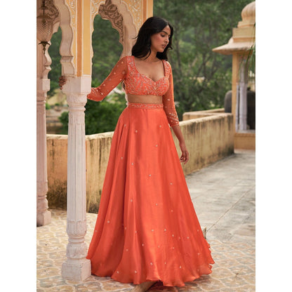 Zoon An Orange Embellished-Sequined Lehenga with Blouse and Dupatta (Set of 3)