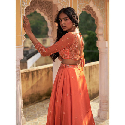 Zoon An Orange Embellished-Sequined Lehenga with Blouse and Dupatta (Set of 3)