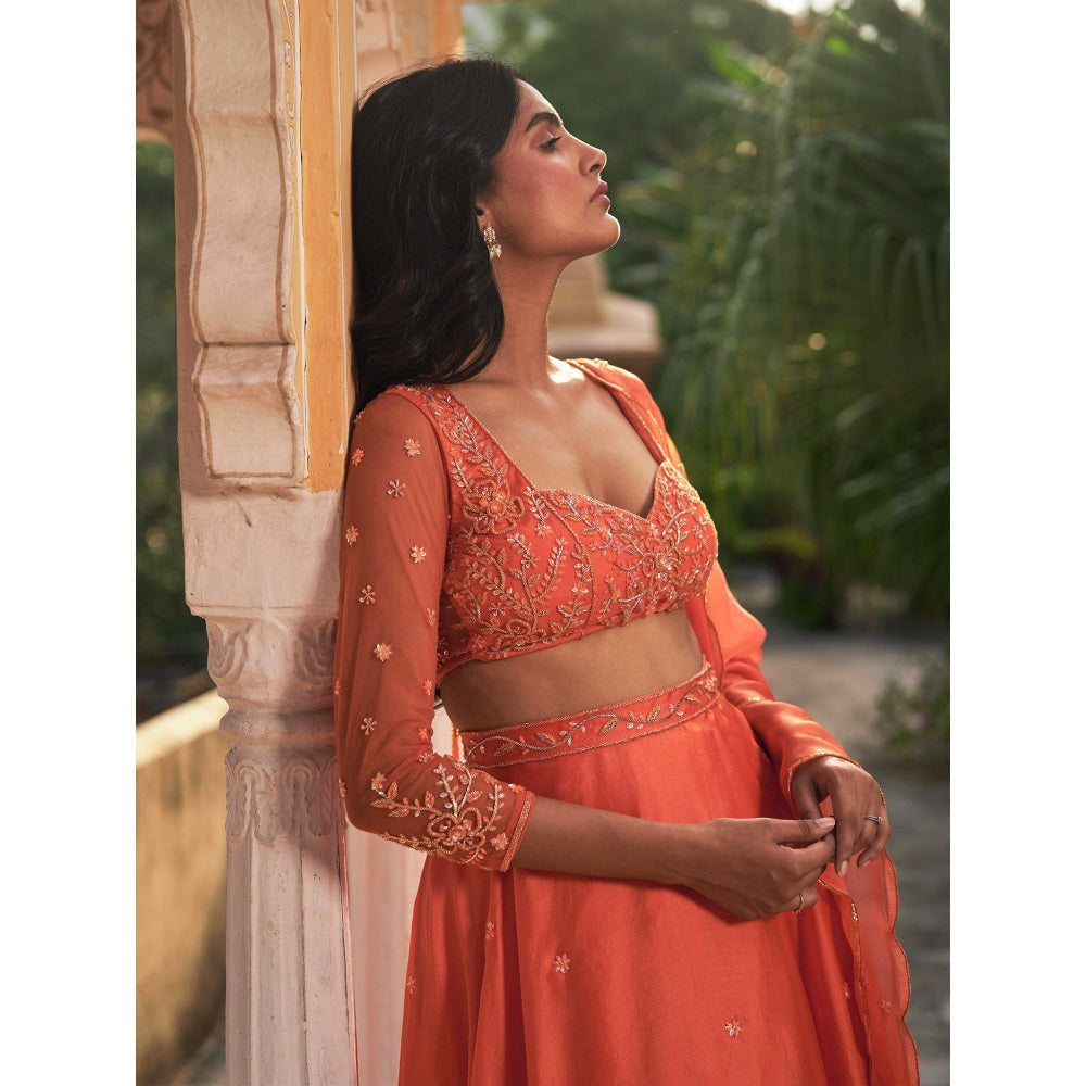 Zoon An Orange Embellished-Sequined Lehenga with Blouse and Dupatta (Set of 3)