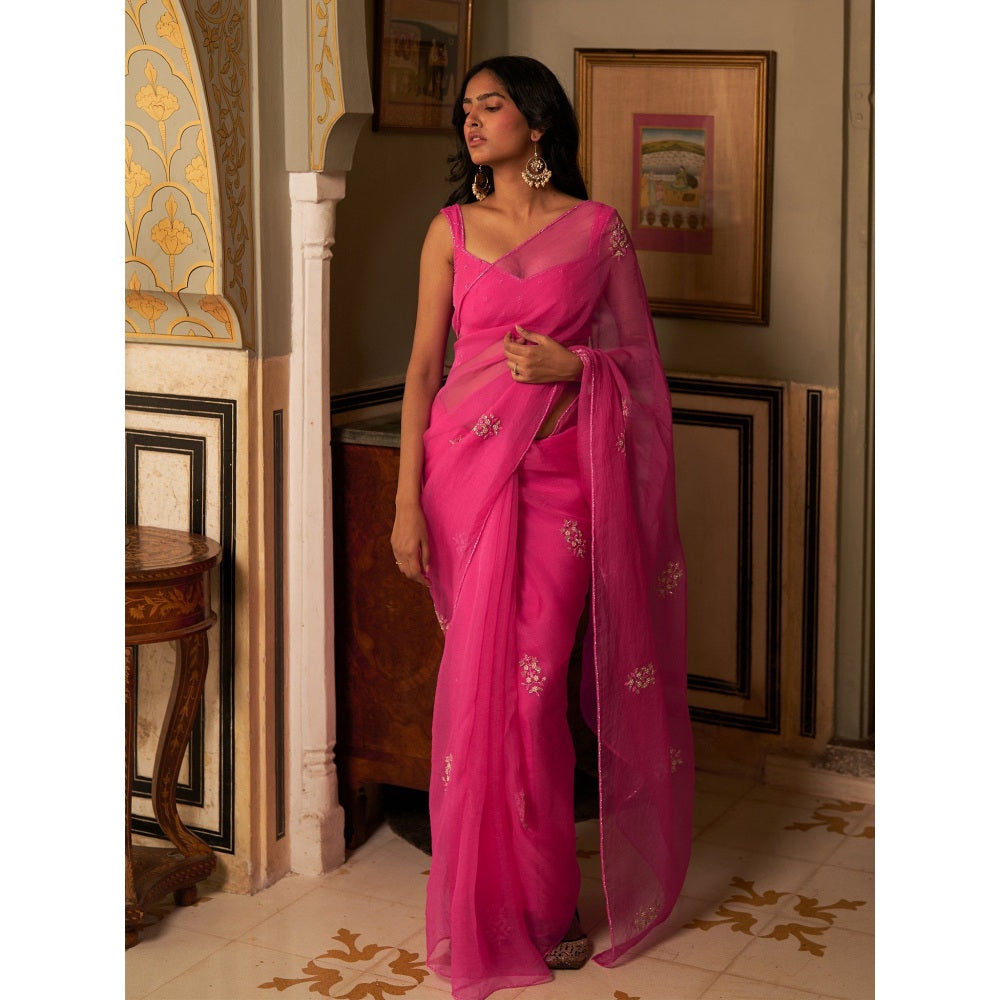 Zoon An Rani Pink Embroidered Saree Paired with Stitched Blouse