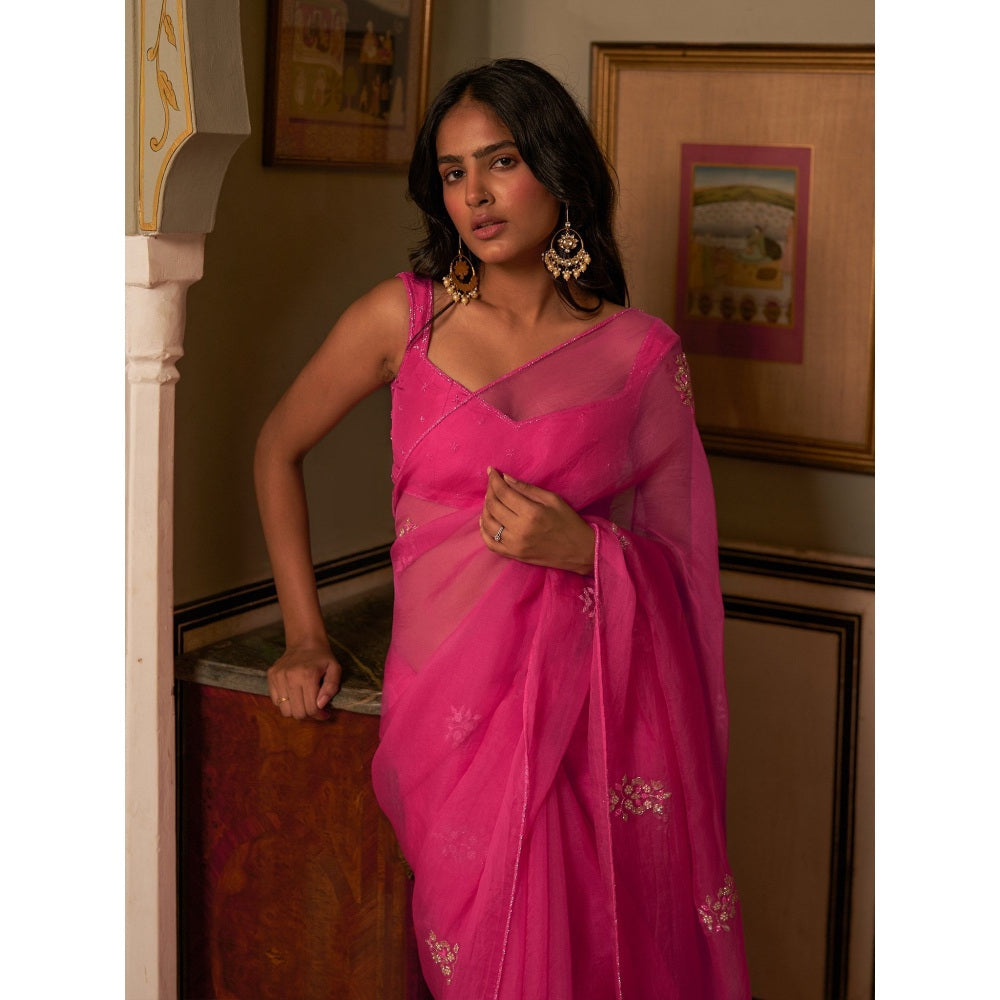 Zoon An Rani Pink Embroidered Saree Paired with Stitched Blouse