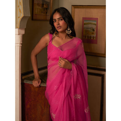 Zoon An Rani Pink Embroidered Saree Paired with Stitched Blouse