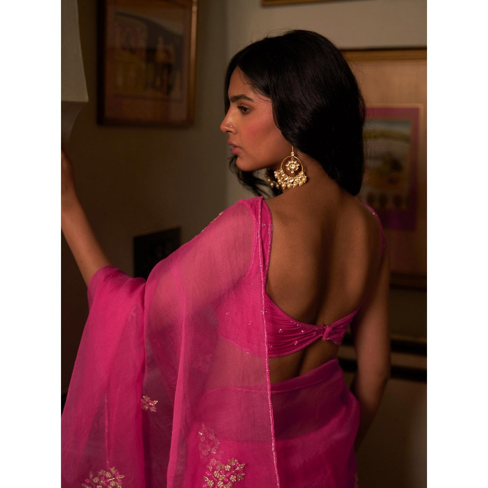 Zoon An Rani Pink Embroidered Saree Paired with Stitched Blouse