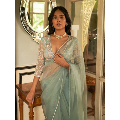 Zoon Mint Green Embroidered Saree with A Heavy Sequined Stitched Blouse