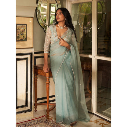 Zoon Mint Green Embroidered Saree with A Heavy Sequined Stitched Blouse