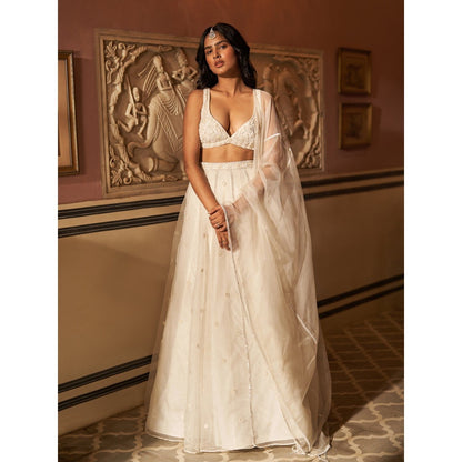 Zoon Off-White Embroidered- Sequined Kalidar Lehenga with Blouse and Dupatta (Set of 3)