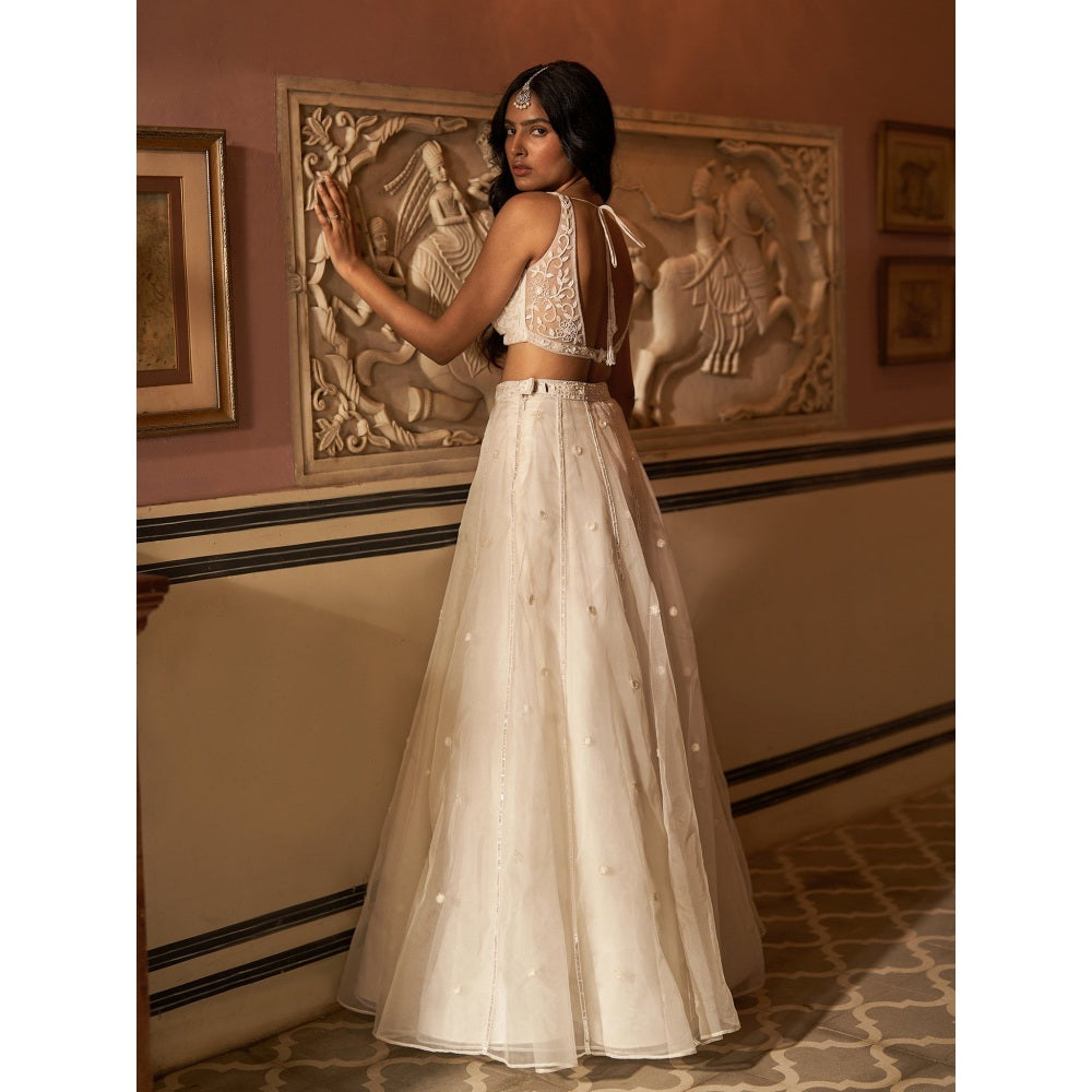 Zoon Off-White Embroidered- Sequined Kalidar Lehenga with Blouse and Dupatta (Set of 3)
