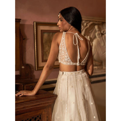 Zoon Off-White Embroidered- Sequined Kalidar Lehenga with Blouse and Dupatta (Set of 3)