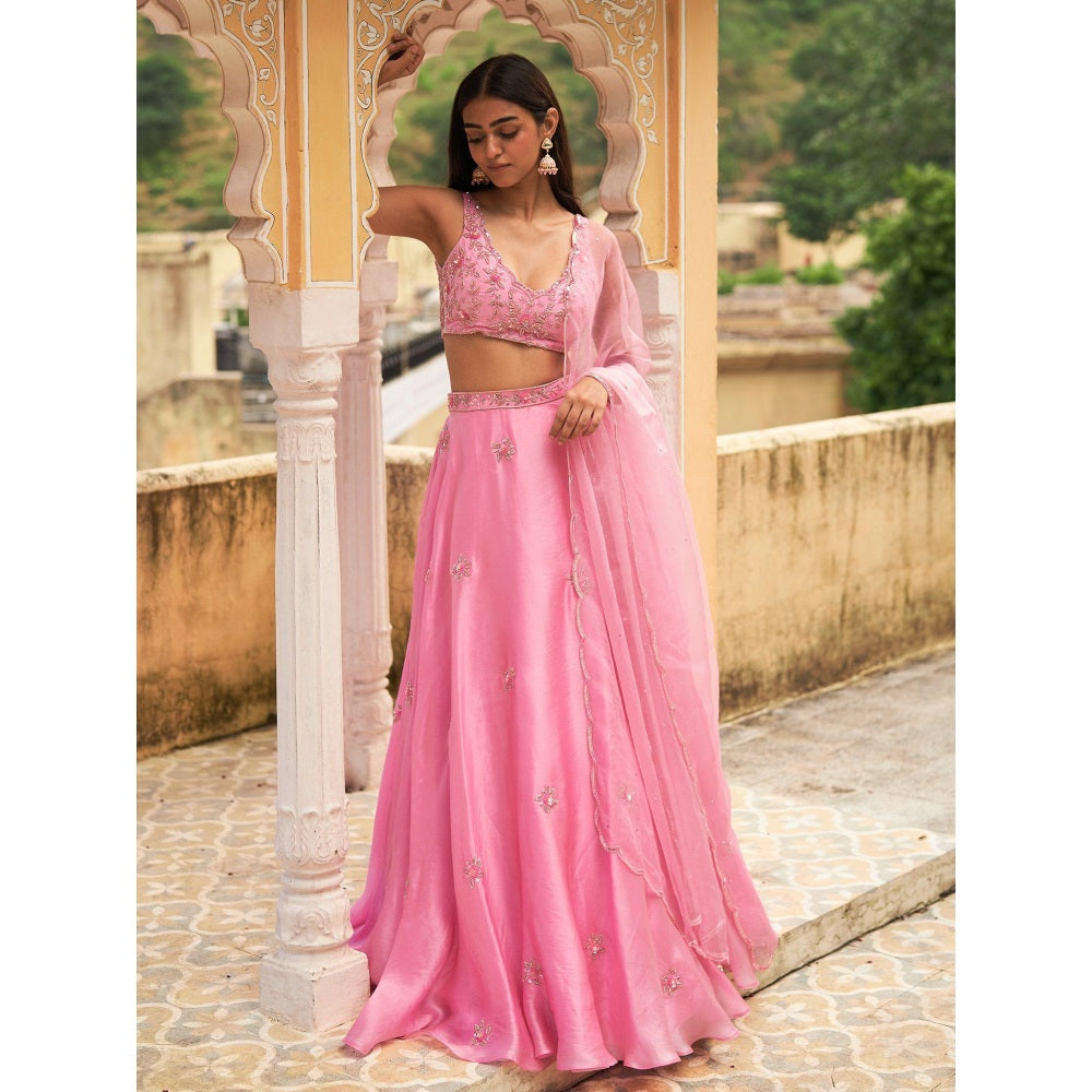 Zoon Pink Embroidered- Sequined Lehenga with Blouse and An Organza Dupatta (Set of 3)