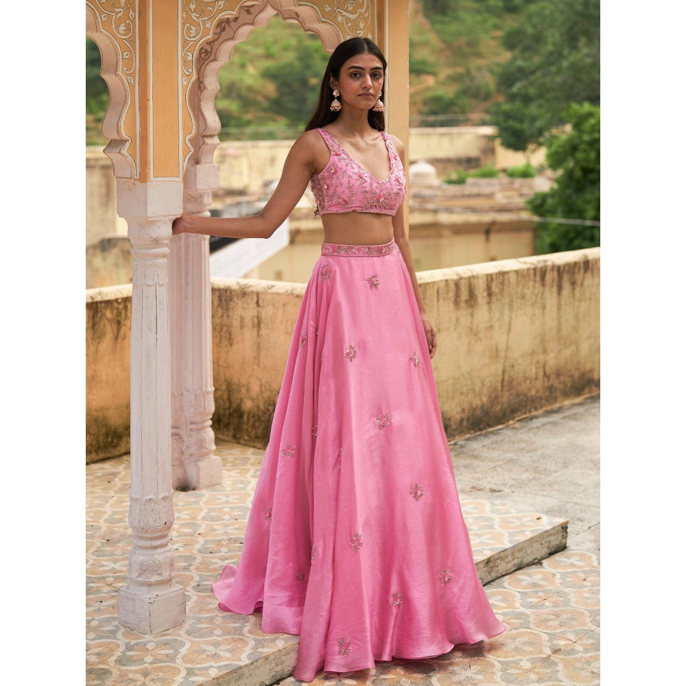 Zoon Pink Embroidered- Sequined Lehenga with Blouse and An Organza Dupatta (Set of 3)