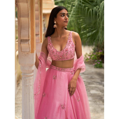 Zoon Pink Embroidered- Sequined Lehenga with Blouse and An Organza Dupatta (Set of 3)