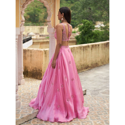 Zoon Pink Embroidered- Sequined Lehenga with Blouse and An Organza Dupatta (Set of 3)