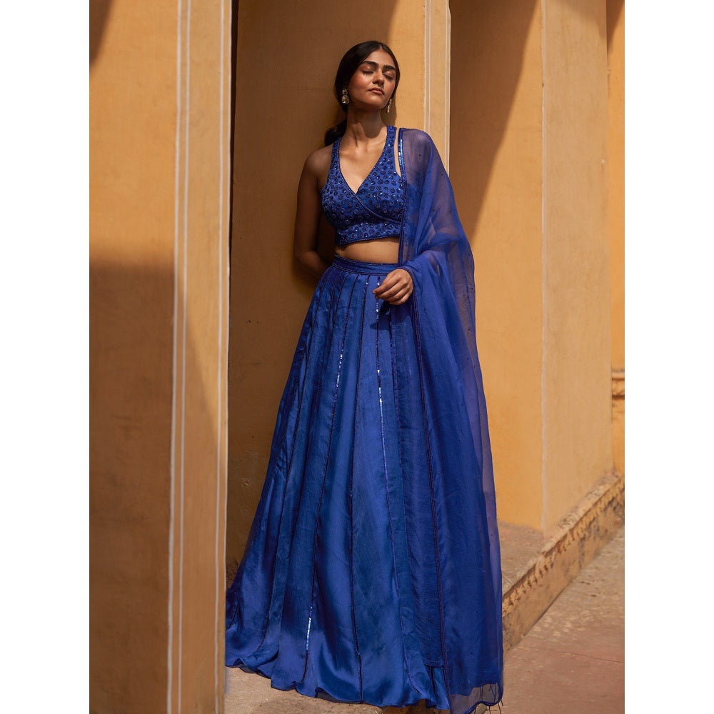 Zoon Blue Embroidered- Sequined Kalidar Lehenga with Blouse and Dupatta (Set of 3)