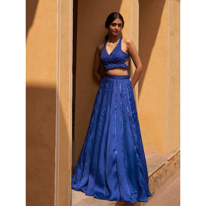 Zoon Blue Embroidered- Sequined Kalidar Lehenga with Blouse and Dupatta (Set of 3)