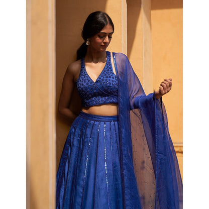Zoon Blue Embroidered- Sequined Kalidar Lehenga with Blouse and Dupatta (Set of 3)