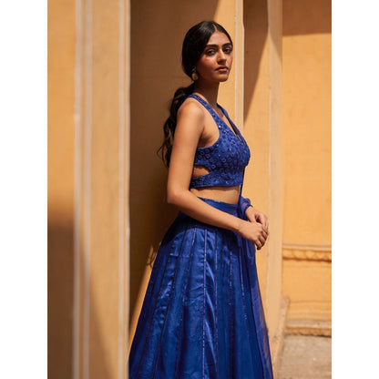 Zoon Blue Embroidered- Sequined Kalidar Lehenga with Blouse and Dupatta (Set of 3)