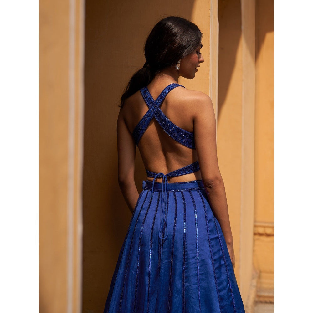 Zoon Blue Embroidered- Sequined Kalidar Lehenga with Blouse and Dupatta (Set of 3)