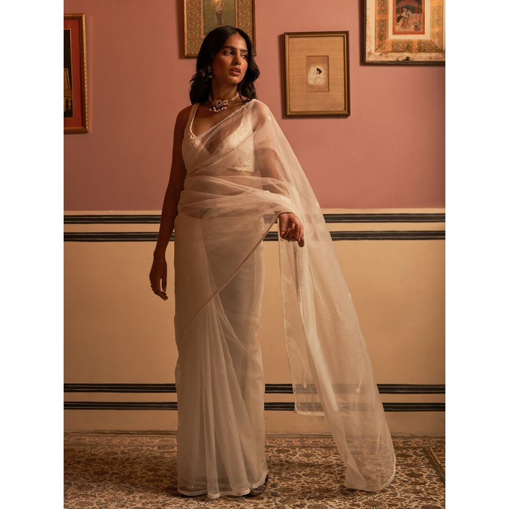 Zoon An Ivory Embroidered- Sequined Saree with Stitched Blouse