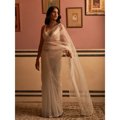 Zoon An Ivory Embroidered- Sequined Saree with Stitched Blouse
