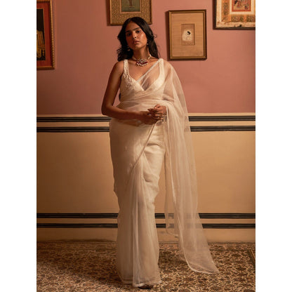 Zoon An Ivory Embroidered- Sequined Saree with Stitched Blouse