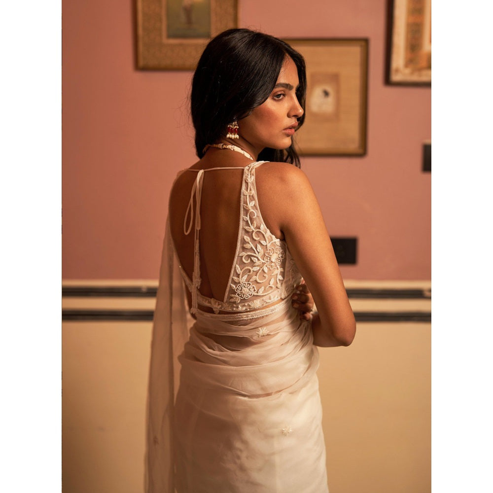 Zoon An Ivory Embroidered- Sequined Saree with Stitched Blouse